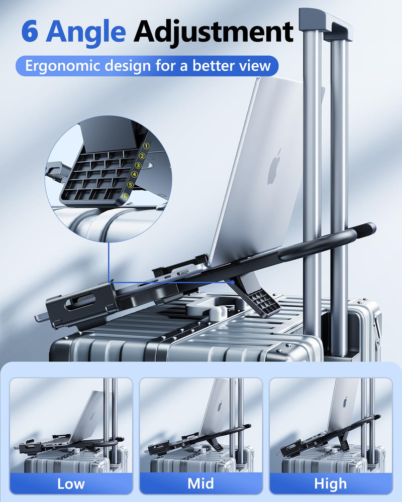 Ergonomic Adjustable Luggage Laptop Stand - 6 Angle Adjustment | Foldable, Retractable Handle, Laptop Stand for Luggage Business Trips Travel Airport Train- Fit laptops up to 16 inches