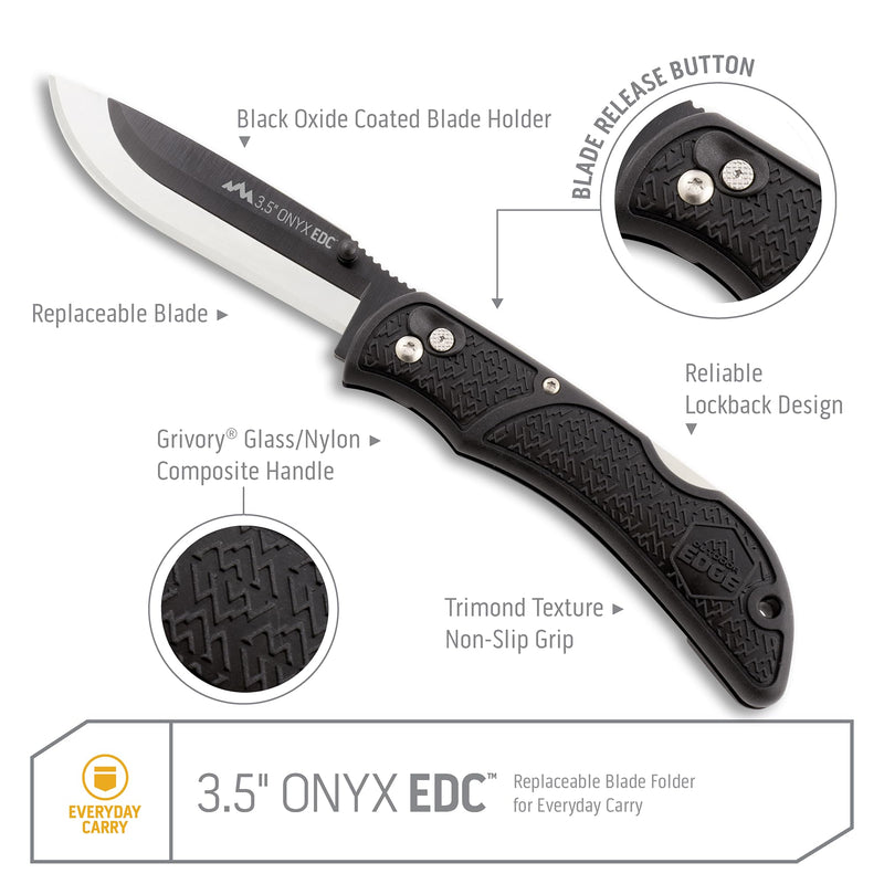OUTDOOR EDGE Onyx EDC 3.5" Folding Pocket Knife – Replaceable Blade System with 27 Razor-Sharp Blades, Pocket Clip & Lockback Safety - Everyday Carry Knife for Outdoorsmen, Hunters & DIY Tasks 3.5" Onyx (27 Blades)