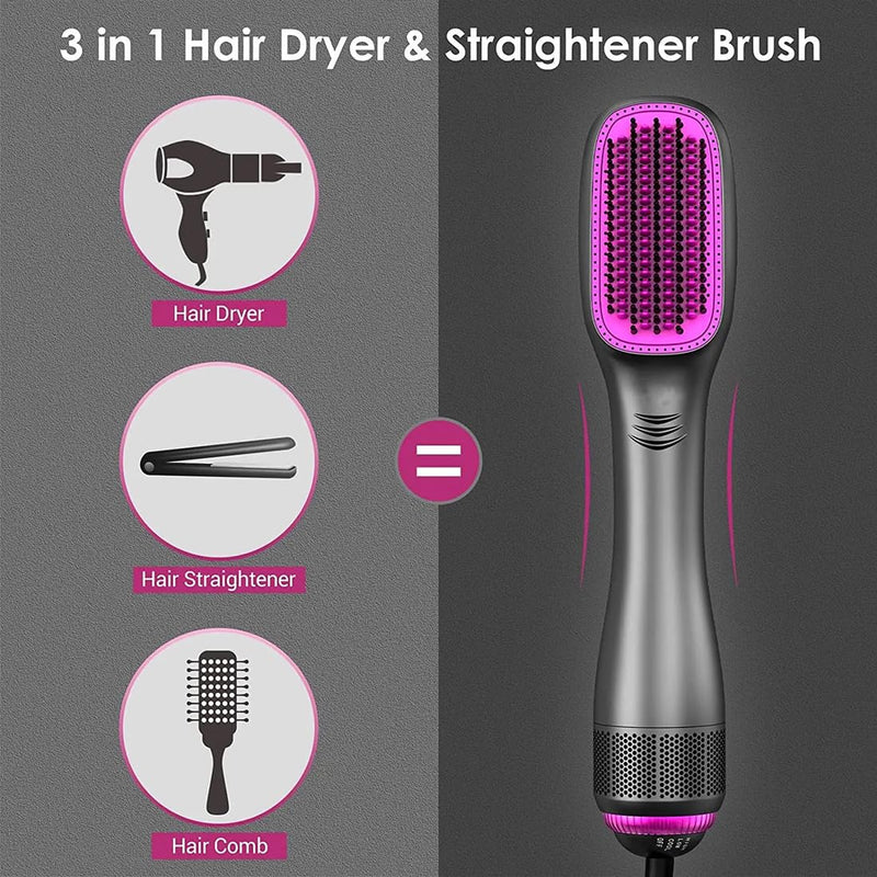 Hair Dryer Brush Straightener Brush 3 in 1 Hot Air Stylers 1200W Powerful Hair Comb Blow Dryer Brush 3-Speed Temperature Adjustment(Ash Pink,British Standard) British standard Ash Pink