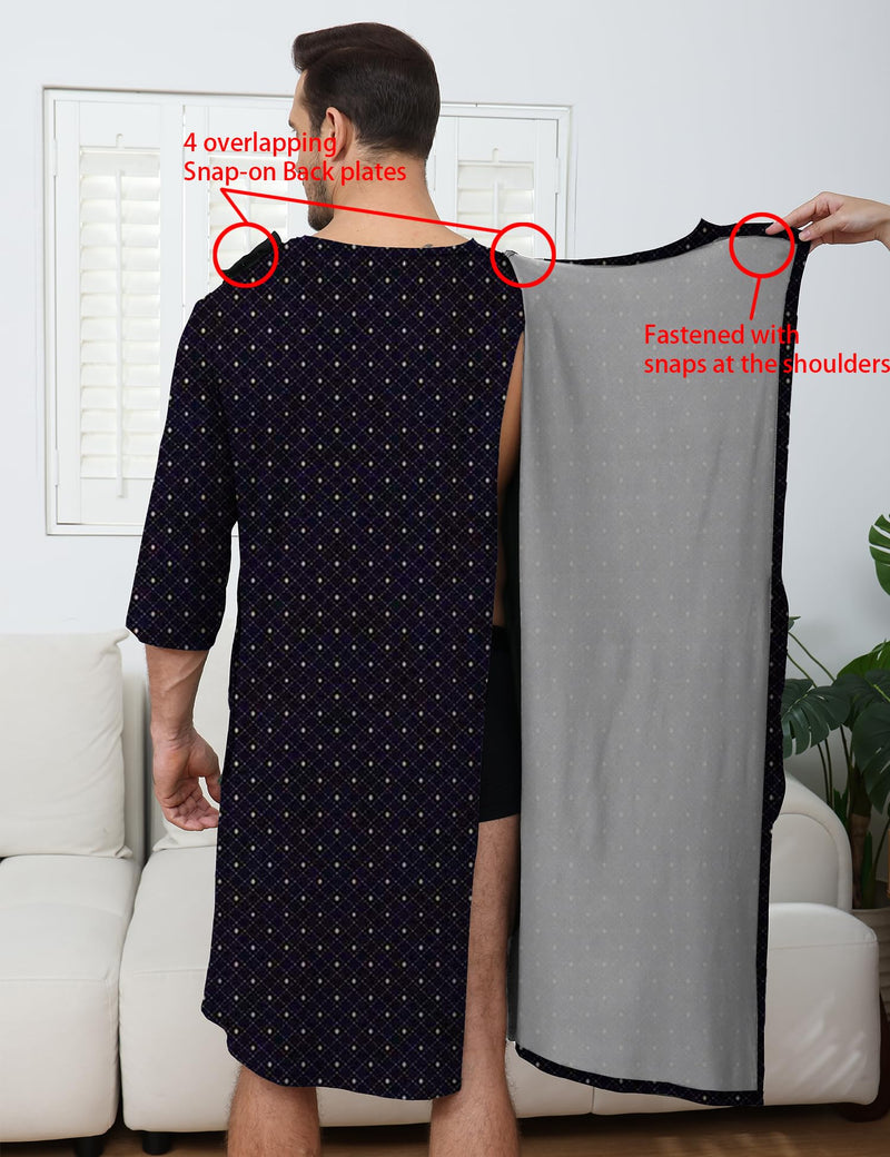Soft Elastic Men's Hospital Gown with Shoulder Snaps, Waist Drawstring, Side Pockets, Patient Gown for Men Diamond Print Medium