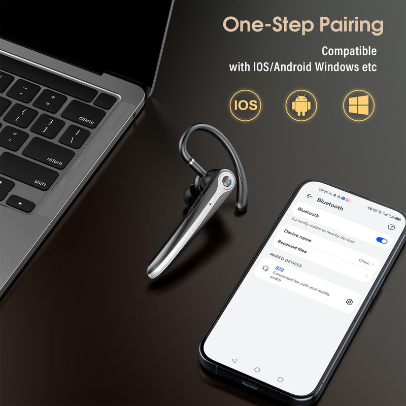 Atheewon Bluetooth Headset, Wireless Bluetooth Earpiece, Black | ENC Noise Canceling Mic, 120Hrs Talk, LED Display, IPX7, V5.4 Hand-Free Earphone for Business/Trucker/Driver