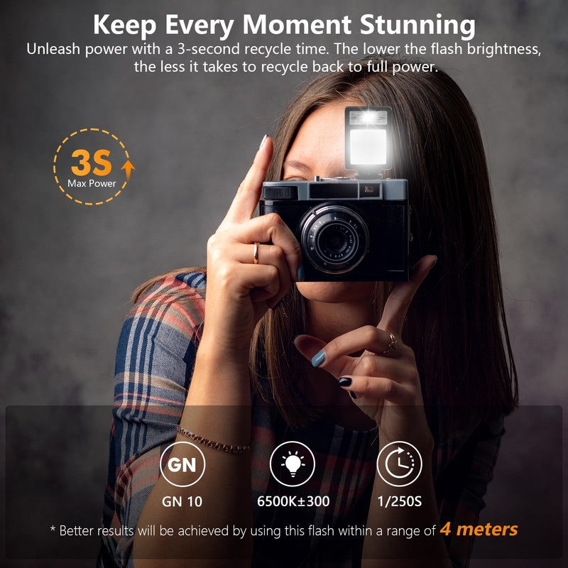 Camera Flash with Video Light, 2500K-6500K Mini Flash Speedlite, Adjustable Brightness Small Camera Speedlight, Universal Single Contact Hot Shoe Mount, Compatible with Canon/Nikon/Sony/Fuji/DSLR Black B