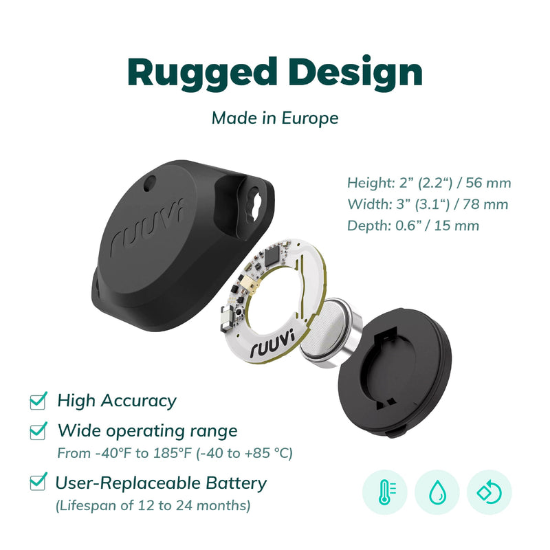 RuuviTag Pro 3in1 Wireless Bluetooth Temperature (°C/°F), Air Humidity and Motion Sensor. Alerts & History. Free Android/iOS apps. Integrates with Victron, Homey, and Home Assistant. Made in Europe.