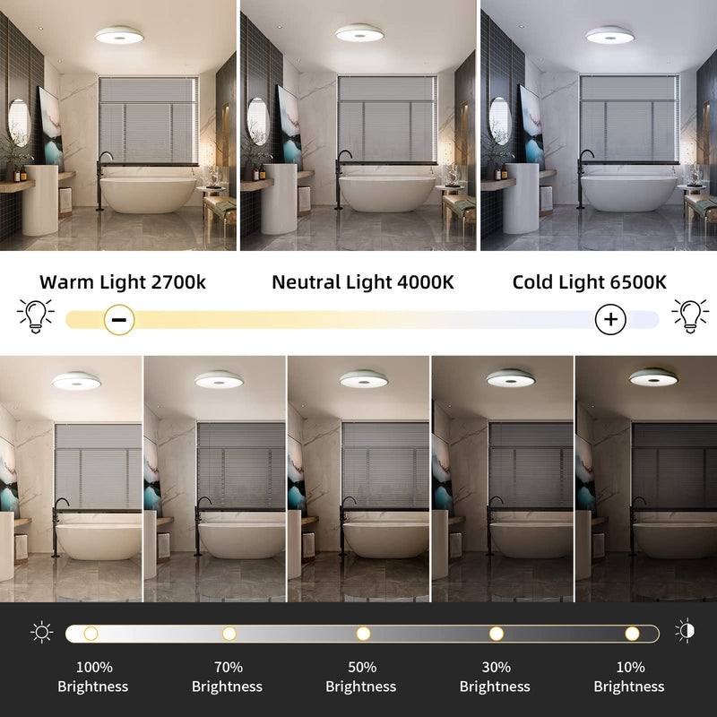 Smart Waterproof LED Flush Mount Ceiling Light Fixture,with Bluetooth Speaker,11 Inch,18 watt,Dimmable Music Lamp,RGB Color Changing Light with Remote Control,for Bathroom,Shower,Bedroom 11 inches White-Dimming Function+Bluetooth