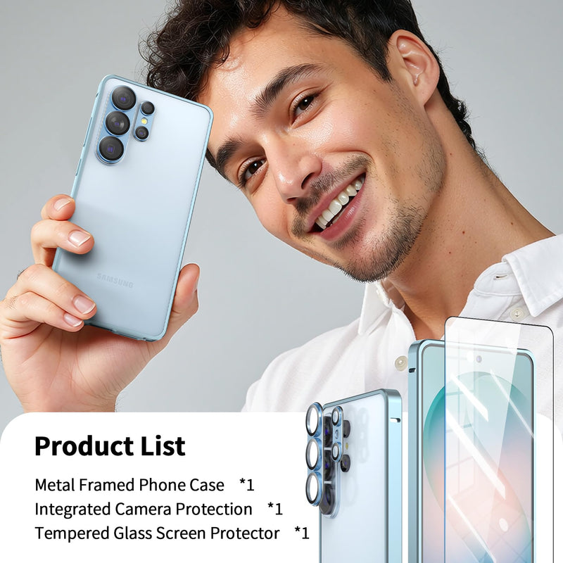 Metal Bumper Case for Samsung Galaxy S26 Ultra, Aluminium Frame Slim Case [Separate Metal Lens Protector] [HD Tempered Glass Screen Protector] [Hippocampus Buckle Design] Cover for S26 Ultra 6.9 Inch Blue for Samsung glaxy S26 Ultra