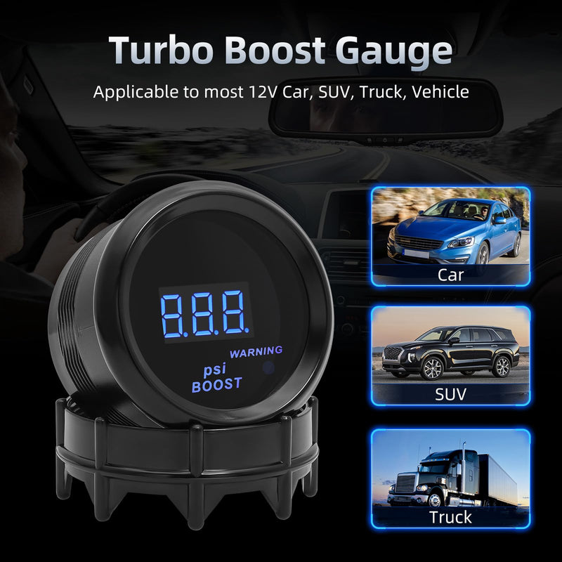 ARTILAURA 2" 52mm Boost Gauge 30 PSI Digital Blue Turbo Boost Sensor Kit with Hose & T-Fitting for 12V Universal Car Auto