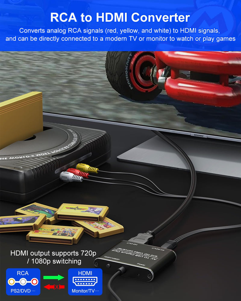 AV to HDMI Converter with USB Video Capture Function - RCA to HDMI Adapter VHS to Digital Converter for VCR, VHS, DVD, Camcorder, Hi8, Supports Recording Videos to Your PC or Mac via USB/USBC RCA to HDMI with USB Capture