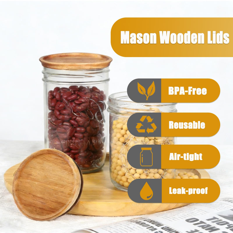 QTLCOHD 12 Pack Regular Mouth Mason Jar Lids | Acacia Wooden Storage Canning Lids with Airtight Silicone Seal for Ball Mason Kerr Jars