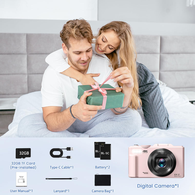 4K Digital Camera for Photography,64MP Vlogging Camera for YouTube(Pink) | 3" 180°Flip Screen, 18X Digital Zoom,WIFI,Autofocus Compact Camera with Flash,32GB TF Card & 2 Batteries Pink
