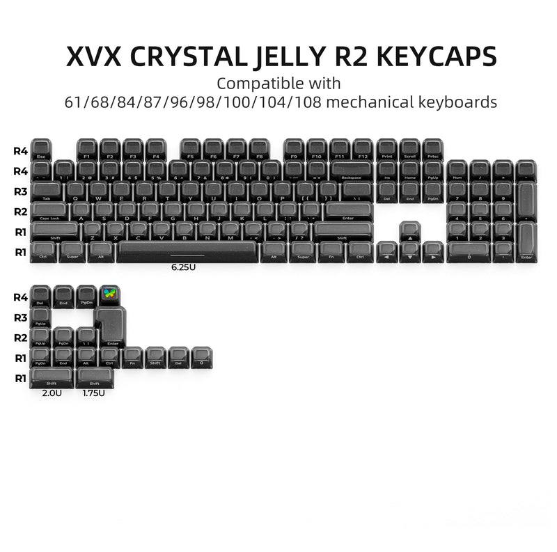 XVX Black Jelly Keycaps with Glitter, Starry Keycaps ABS+PC MDA Profile 122-Key Side Printed Keycap Set Compatible with 61/68/84/87/96/98/100/104/108 ANSI Layout MX Switches Mechanical Keyboard