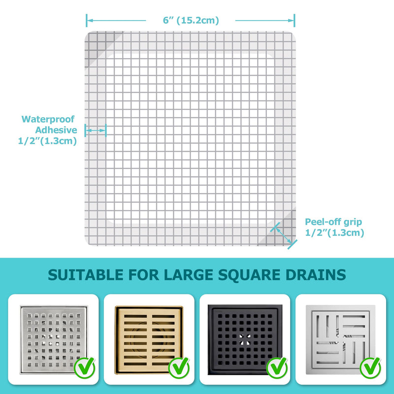 25 Pack Disposable Shower Drain Hair Catcher Mesh Stickers - Peel & Stick Drain Strainers to Prevent Clogs, Strong Waterproof Adhesive, Mess-Free Disposable Drain Covers for Shower, 6 inch, Square 6" Square - 25