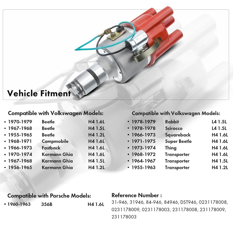A-Premium Ignition Distributor with Cap & Rotor Compatible with Volkswagen Beetle, Campmobile, Fastback, Karmann Ghia, Rabbit, Scirocco - 1.5L/1.6L 4 Cyl Red Cap