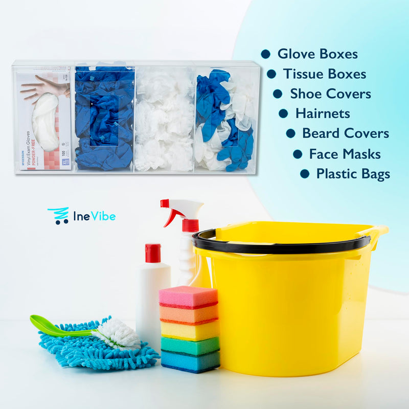 IneVibe Quad Hygiene Holder - 4 Compartment Acrylic Dispenser with Lid for Hairnets, Glove Boxes, Face Masks, Plastic Bags, Tissue Boxes in Home or Medical Setting - Counter or Wall Mount (Quad)