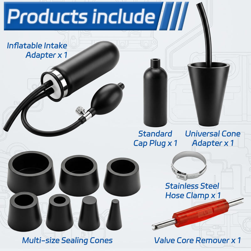 Pro Automotive Smoke Machine Accessories Kit - 12-in-1 EVAP Vacuum Leak Detector with Inflatable Intake Adapter & 7 Size Sealing Cones