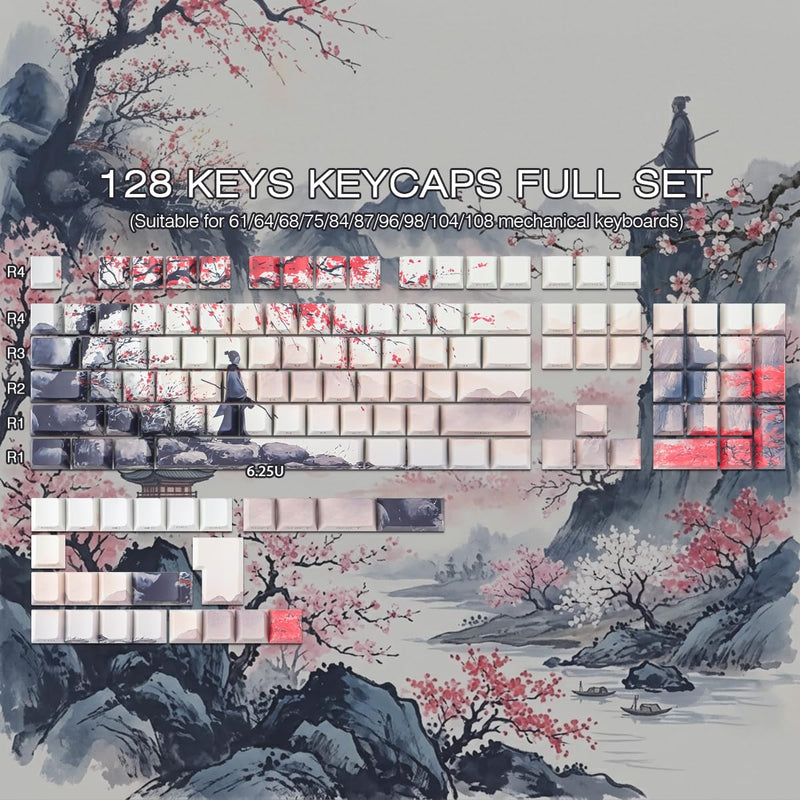 Tsungup Custom Japanese PBT Cool Keycaps, Key Caps Keyboard Keycap Set | Blossom Samurai Side Printed 131 Keys Cherry Profile for Cherry MX Switches Mechanical Keyboard