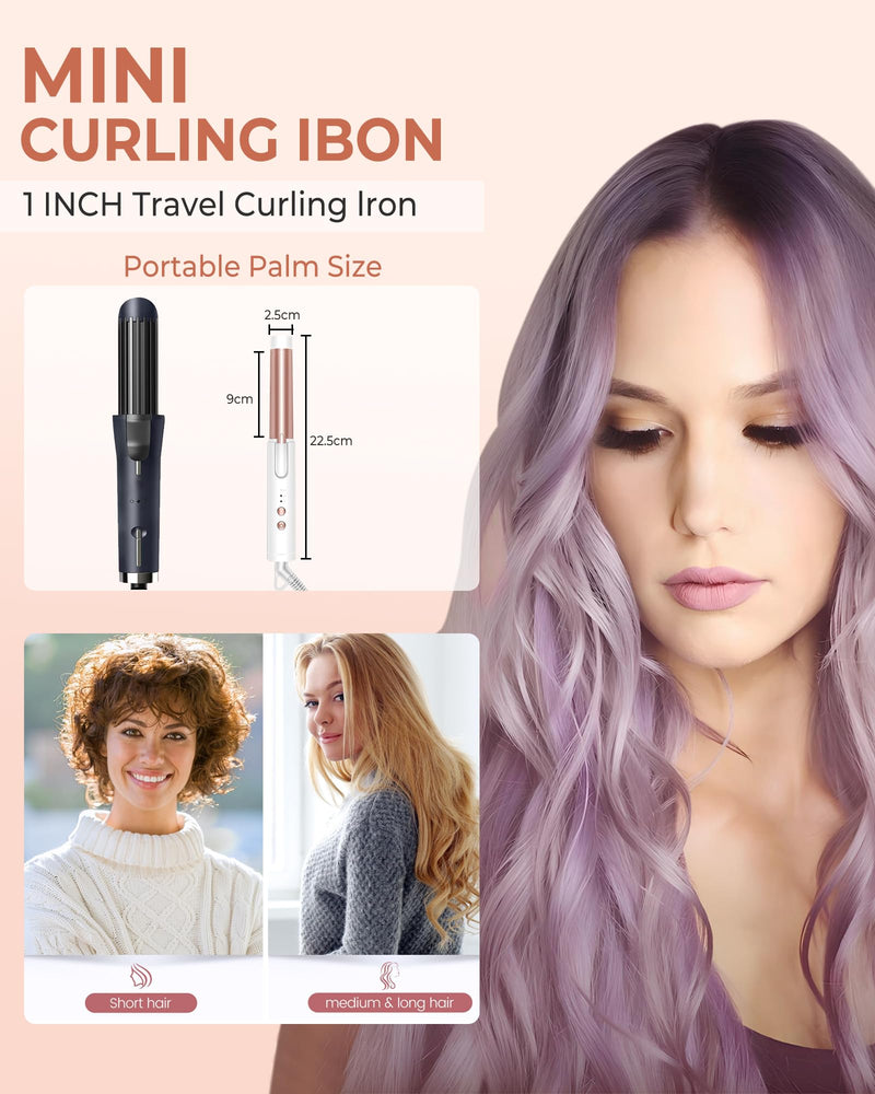UKLISS Curling Tongs for Short Hair Medium Long Hair 25mm Mini Curling Iron | [160-200℃] 1 Inch Compact Travel Friendly Ceramic Mini Hair Curler Wand, 3 Temps Adjustable, Double Voltage (White) White