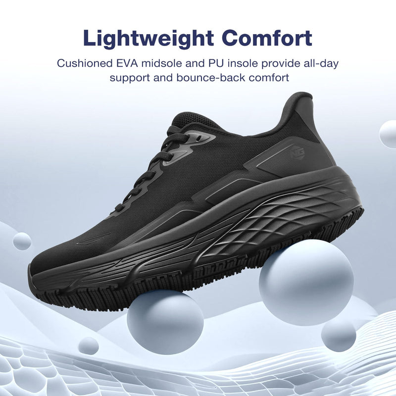 NINGO Non Slip Work Shoes for Women, Lightweight Food Service Sneakers with Waterproof Upper, Slip On Design with Breathable Mesh, Comfortable Oil Resistant Chef Shoes for Kitchen Restaurant, Black 6