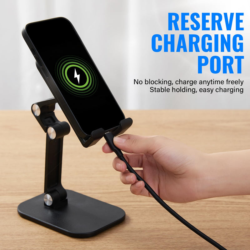 Foldable Desk Phone Stand, Adjustable Phone Holder, Heavy Non-Slip Base, Charging Hole, Thick Case Friendly Cradle for Most Smartphones, iPhone Samsung iPad Tablet Home Office Travel