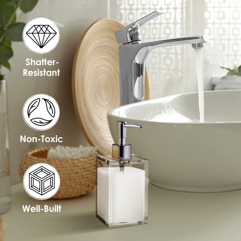 Clear Acrylic Refillable Liquid Hand Soap Dispenser with Rust Proof Stainless Steel Pump, Modern Square Bathroom Vanity Soap Dispenser | 12 oz, 1 Pack Clear 1 Pack / Soap Dispenser