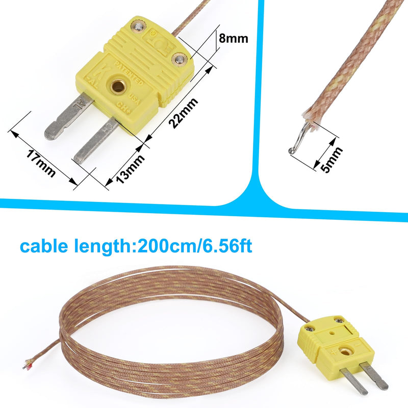 DROK High Accuracy K Type Thermocouple Probe - 5 Pack Type K Temperature Probes & Sensors for Thermocouple Thermometer, 2 Meters Long Measure Range -40°C~480°C (-40°F~896°F) 2m