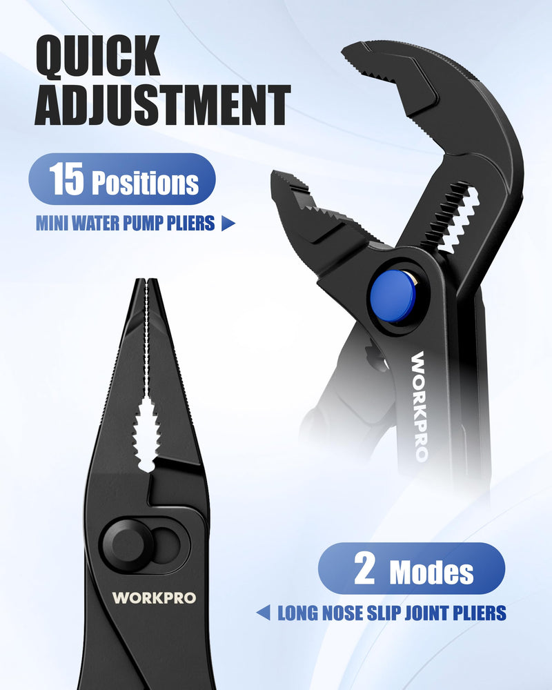 WORKPRO 2-Piece Mini Pliers Set with Pouch, 4-Inch Water Pump Plier & 4.5-Inch Long Nose Slip Joint Plier, Heavy-Duty Alloy Steel Mini Adjustable Plier, EDC Pliers for Tight Spaces & Versatile Use Black 2PCS-Long Nose & Water Pump Pliers