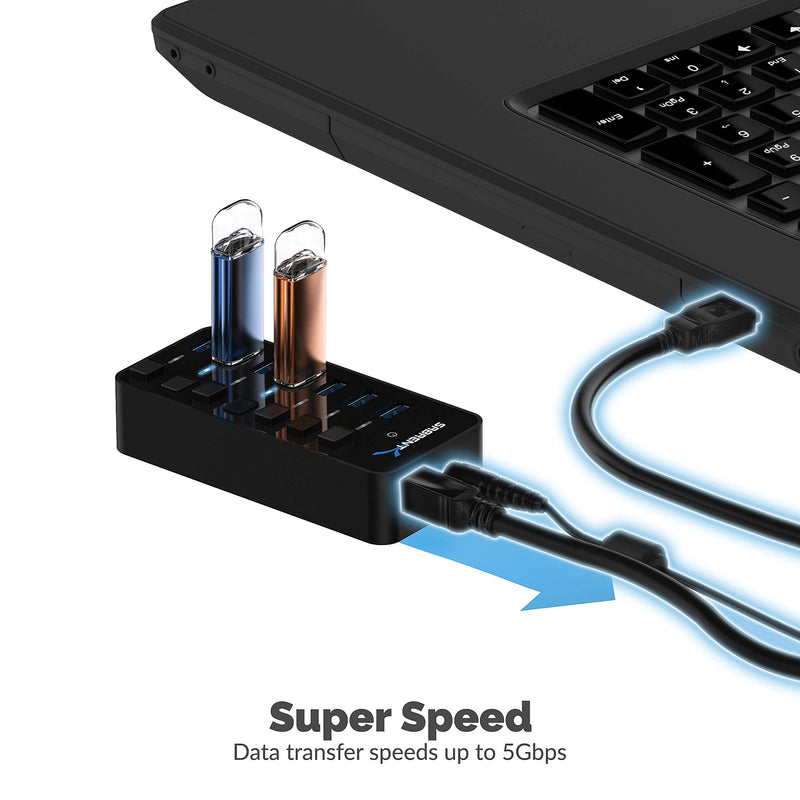 7 Port USB 3.0 Hub with Individual Power Switches and LEDs Includes 36W 12V/3A Power Adapter+USB 3.0 Extension Cable A Male to A Female [Black] 6 Feet