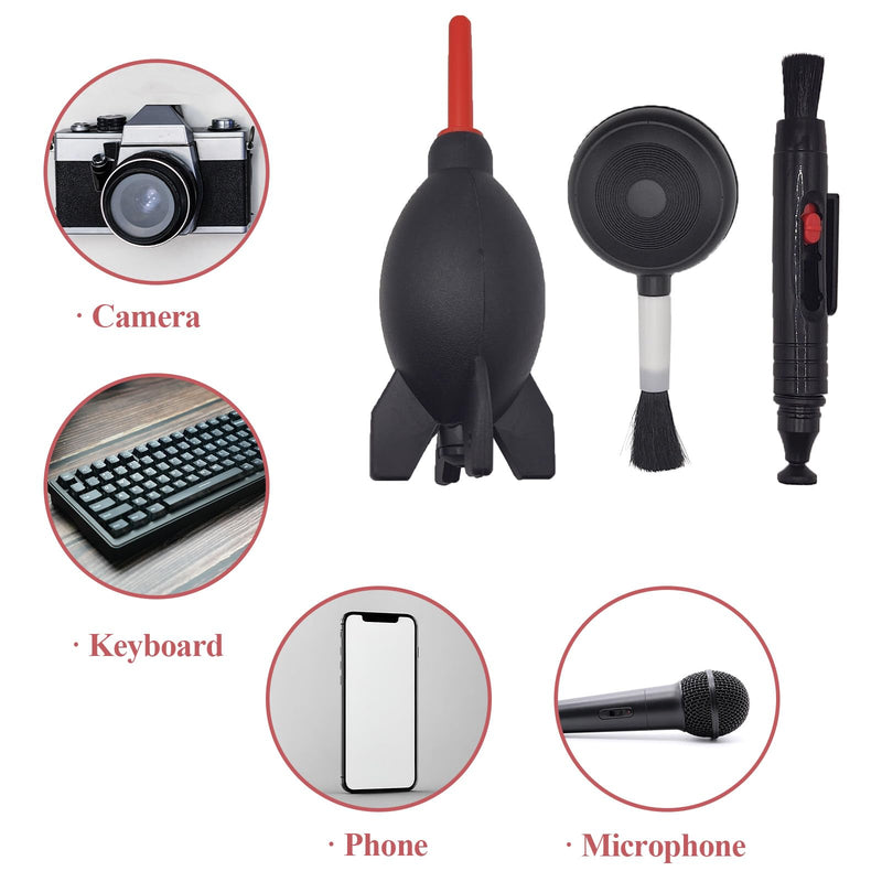 Camera Lens Cleaning kit with Lens Cleaning Pen, Camera Air Blower, 2 Pcs Rubber Rocket Air Blower Duster, Camera Accessories for Lens, Camera, Telescope, Phones (4) 4