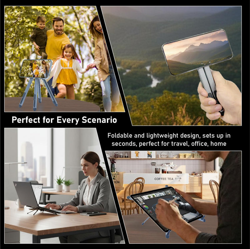 Foldable Desktop Portable Laptop Stand, Adjustable Laptop Riser with Magnetic Phone Holder, Aluminum Alloy Notebook Stand Compatible with 10-16” Laptops and 4-13”Phones/Tablets(Silver Gray) Silver Gray