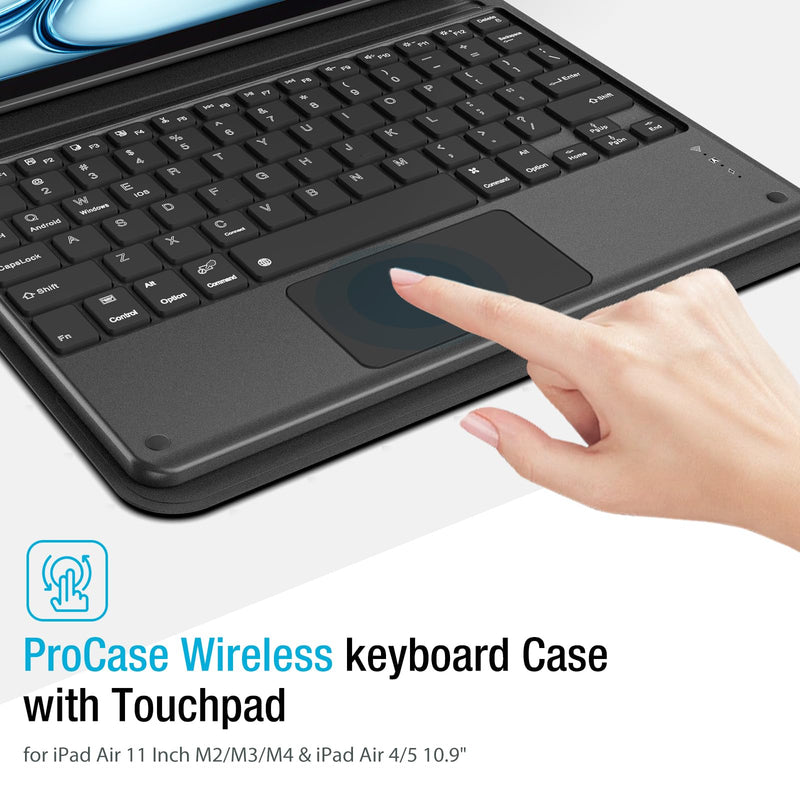 ProCase Touchpad Keyboard Case for iPad Air 11 Inch M4/M3/M2 & Air 5/4 | Detachable Keyboard with Precision Multi-Touch Trackpad, Slim Protective Case with Pencil Holder for Work & Travel - Black
