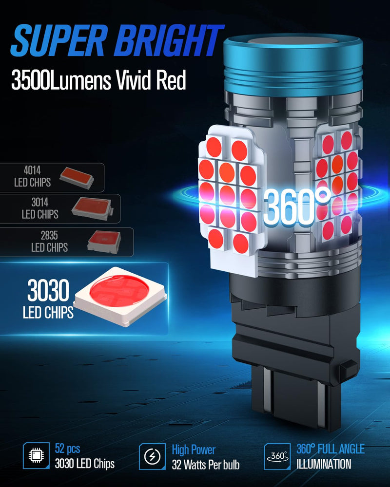 CANBUS 3157 LED Bulb Red with Built-in Resistor for Tail Light Anti Hyper Flash,3057 3457R Brake Bulbs Error Free,3056 4057A 4156 4157A LED Bulb Replacement for Rear Turn Signal Lights(2pcs)