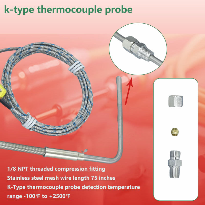 K-Type thermocouple Probe 1/8 NPT Thread Compression Adjustable Length Temperature Detection Range -100 °F to 2200 °F