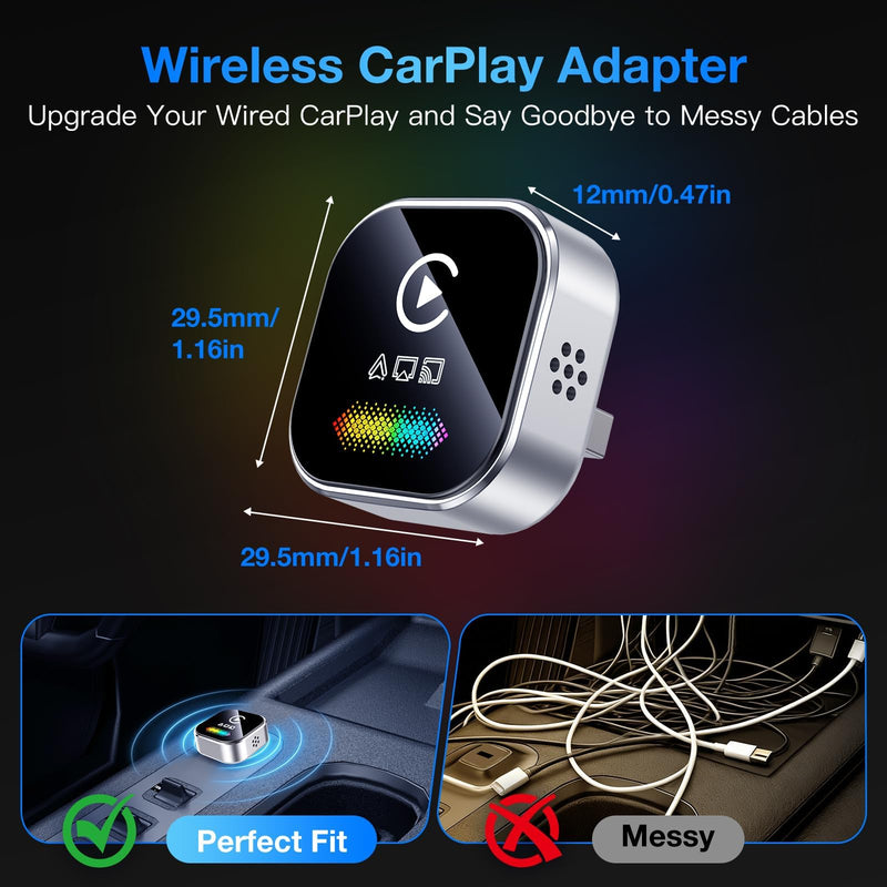Wireless CarPlay Adapter for iPhone – 2027 4-in-1 Dongle with AirPlay & Screen Mirroring, Low Latency, 5-Second Auto Connect for Wired Cars, Includes USB A/C（Silvery）
