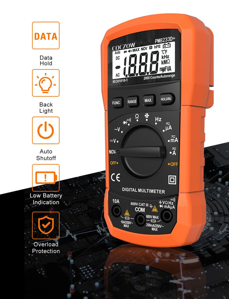Digital Multimeter,Multimeter Tester, High Sensitivity Voltmeter Ammeter Ohmmeter NCV Circuit Checker Measures AC/DC Voltage,AC/DC Current, Resistance, Diodes, Continuity, Transistor (Black) Black