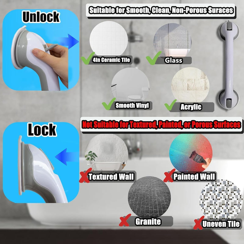 2 Pack 16 inch Shower Grab Bars,Grab Bars for Bathtubs and Showers, Shower Handles for Elderly Suction Cup, Bathroom Safety Bars for Showers Walls Heavy Duty, No Drilling Waterproof 2 Set 16 Inch Gray
