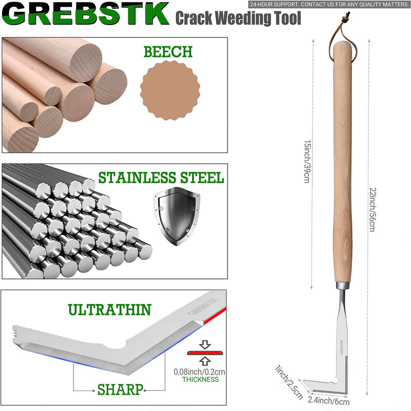 GREBSTK Crack Weeder Crevice Weeding Tool Stainless Steel Manual Weeder Beech Handle Gardening Tool, 22 inch 22.4" Crack Weeder