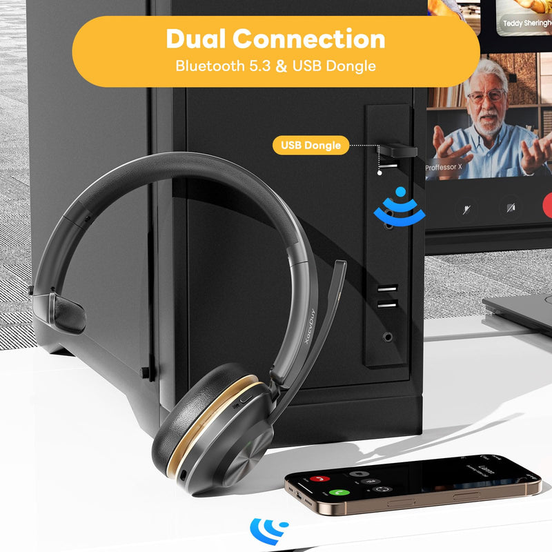 Bluetooth Headset, Wireless Headset with Mic for Work, Bluetooth 5.3, Wireless Headphones with AI Noise Cancelling Microphone (Clear Calls & Mic Mute), USB Dongle, for Computer/PC/Laptop/Zoom Black