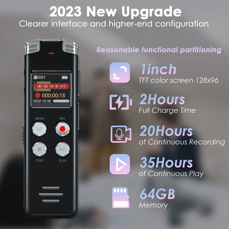 64GB Digital Voice Recorder - Pocket-Sized Voice Activated Dictaphone with Noise Canceling, USB-C & MP3 Playback, Ideal for Lectures, Meetings, Interviews