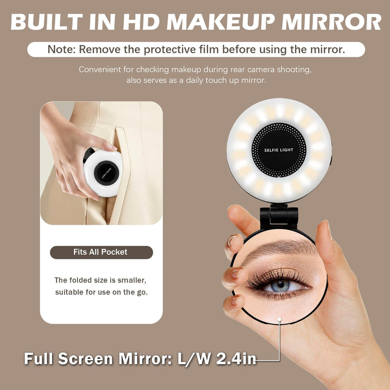 3-in-1 Magnetic Beauty Selfie Light for Phones, with 2.4" Mirror Magnetic Selfie Light, Adjusted 3 Modes, Rechargeable Fill Light for Selfies, for Photography,Makeup,Vlog,TikTok,Video(Black)