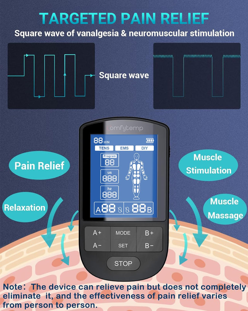 Comfytemp TENS Unit Muscle Stimulator for Pain Relief Therapy, TENS Machine with 24 Modes and DIY, Dual Channel EMS Unit, Pulse Muscle Massager for Back, Shoulder, Sciatica, Arm, 10 Electrode Pads