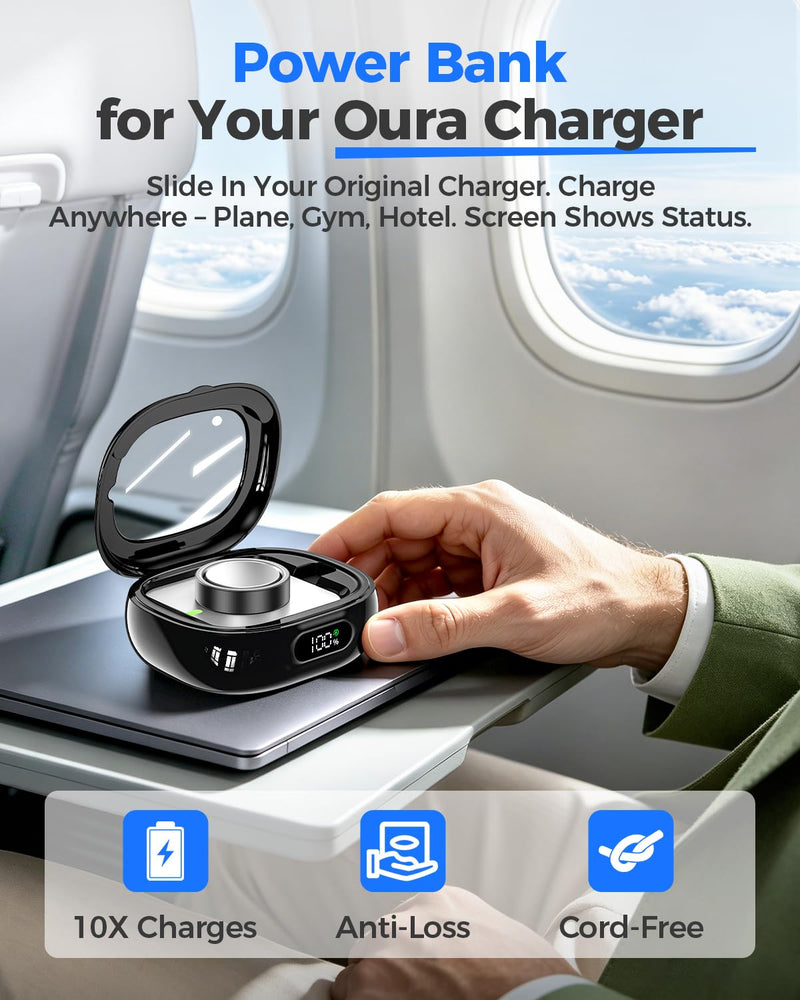 Goton Portable Charging Case Compatible for Oura Ring Gen 5 & 4 & 3 Charger | (Official Charger NOT Included), 2000mAh Travel Wireless Power Station with Digital Display, 45-Day Runtime, Universal Fit Black