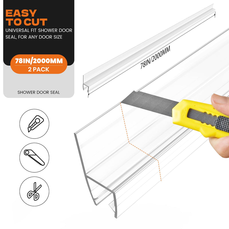 2PCS 78" Shower Door Side Seal Strip for 3/8" (10mm) Frameless Glass, Clear PVC Waterproof Shower Sweep, Easy to Install, No Adhesive Needed, Cuttable & Durable for Leak Prevention