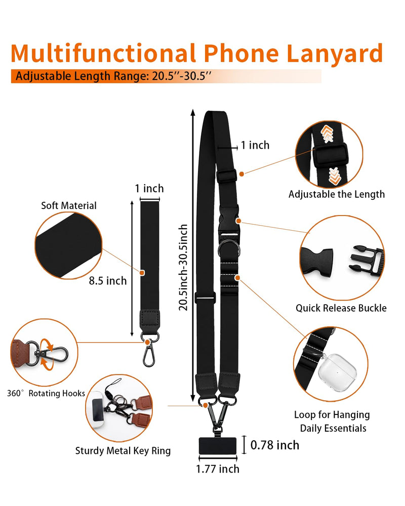 Black Phone Lanyard Crossbody Wrist Neck Strap Adjustable Women | Cell Phone Lanyard for Travel Cruise, Detachable, Hands-free, Cute Wristlet Strap, For Phone Case Keys ID Badge, Accessories Solid Black