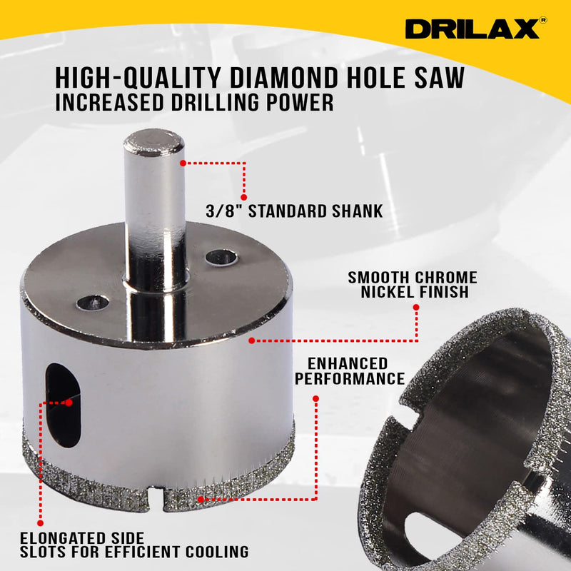 Drilax Diamond Drill Bit Set | 8-Piece Hole Saw Kit (3/8" to 1-3/4") for Ceramic, Porcelain, Glass, Granite & Tile | Standard 3/8" Shank, 1-1/8" Depth | Versatile Wet Drilling Tool