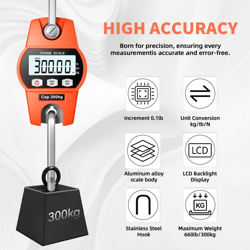 Hanging Scale 660lb/300kg - High-Accuracy Crane Scale with Aluminum Frame and LCD Display. Functions as Fishing Scale and Luggage Scale. for Farm, Hunting, Fitness, and Travel Weighing 300kg/0.1lb