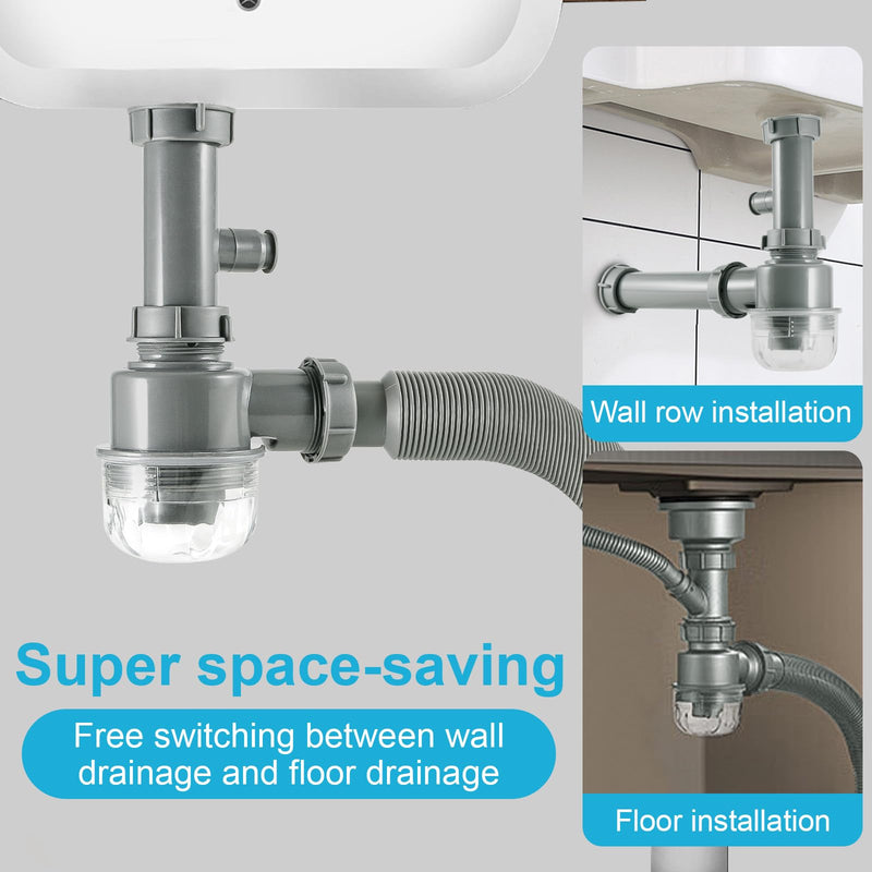 1 1/2" Kitchen Sink Drain Kit P-Trap Strainer Adjustable Height with 304 Stainless Steel 3-1/2" Sink Drain Assembly Kit for Kitchen Bar and RV Single Sink Drain Kit Gray
