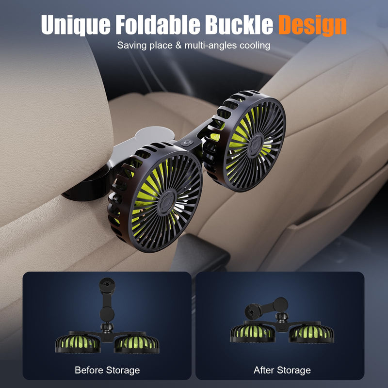 Dual Head USB Car Fan, 3 Speeds 360° Rotatable Backseat Headrest Fan, Quiet 5V/2A Electric Air Circulation Fan for Kids, Pets, Sedan SUV RV Truck black green Large