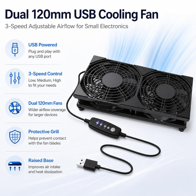240mm USB Router Cooling Fan, Silent Fan with 3 Adjustable Speeds, Portable USB Fan for PC Case, PS4, TV Box, AV Cabinet, Model U3UK1