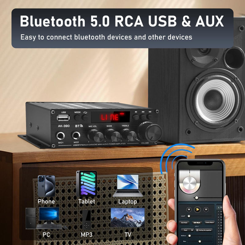 Stereo Amplifier Home Audio Receiver AK-390,AMP Speaker Bluetooth 5.0 Amplifier 400W+400W 2 Channels with 12V/5A Power Amplifier HiFi Amplifier FM Radio,(BT,USB, AUX, Mic)Input for Home Party