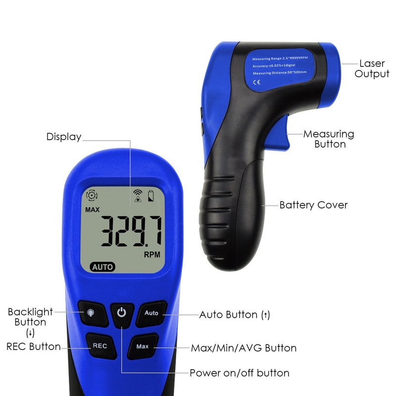Laser Photo Tachometer Motor Speed Gauge Tester Non-Contact RPM Meter Motor Speed Gauge Gun - Accurate RPM Measurement with Rotational Record (Digital Tachometer) Digital Tachometer