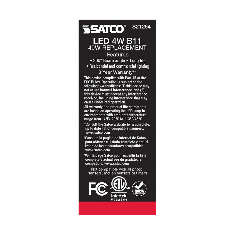 Satco S21264 4W LED Filament B11 Candle Light Bulbs, E12 Candelabra Base, 2700K Warm White, 350 Lumen, Dimmable, Wet Location, Clear, 120V, 6 Pack